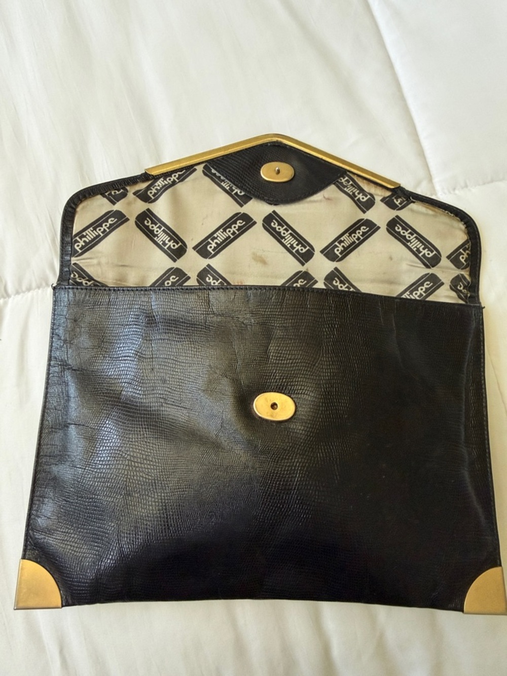 Vintage Phillippe Black Leather Envelope Clutch with Gold Accents - Picture 2 of 8
